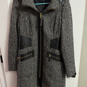 Women's Gray Tweed Coat with Black Leather Accents
